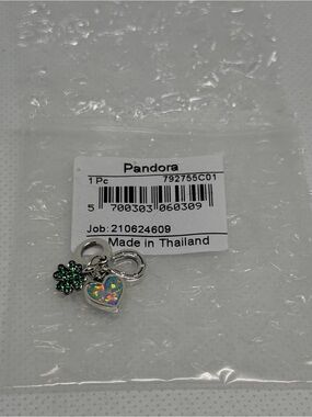 Pandora Silver Heart Charm with Iridescent Opal and Green Clover